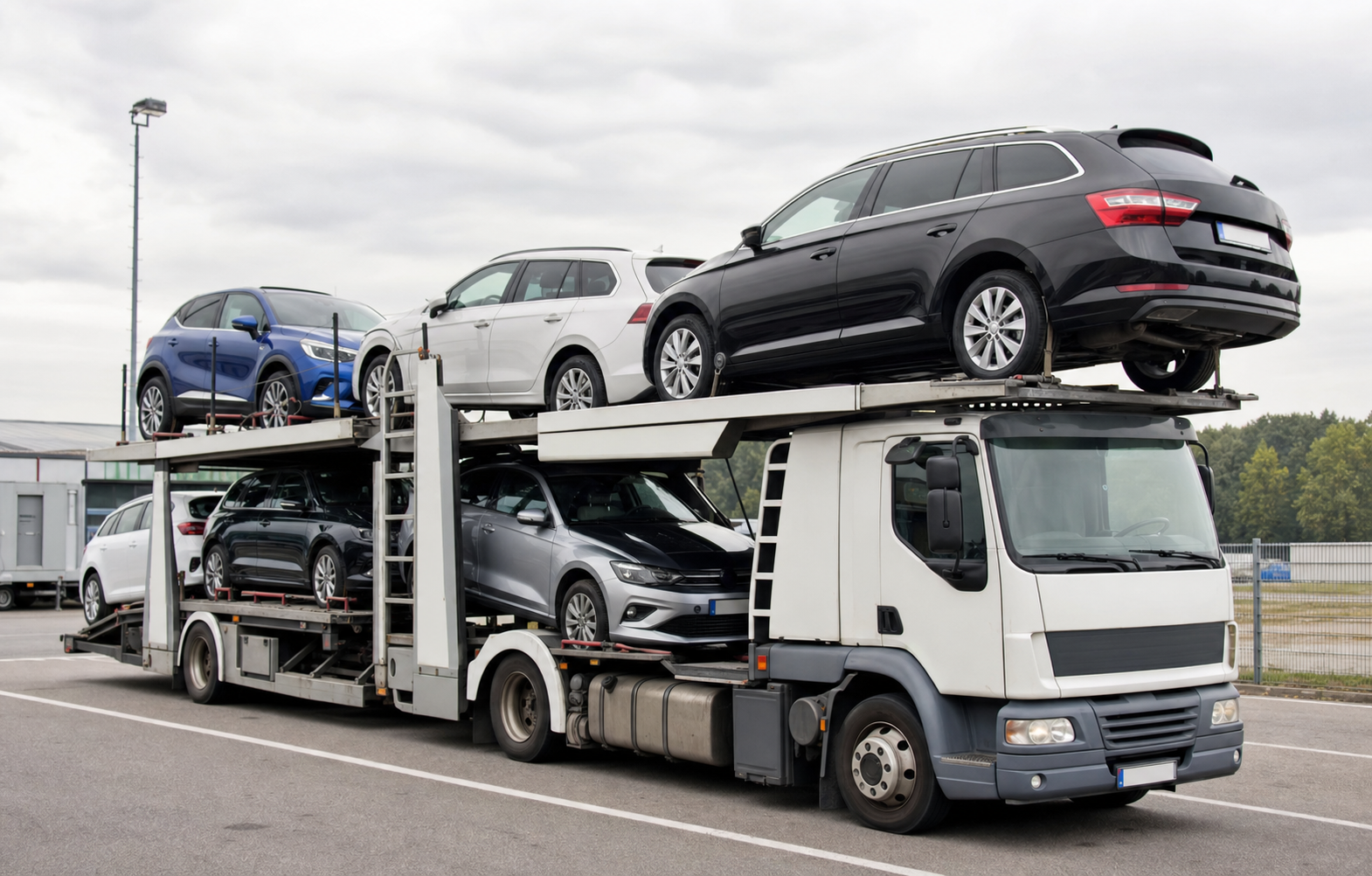 Autotransporter met meerdere personenauto's op weg door Europa