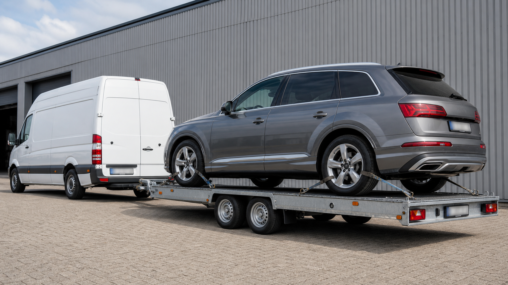 Grijze Audi Q7 op autotransport-trailer achter witte Mercedes Sprinter